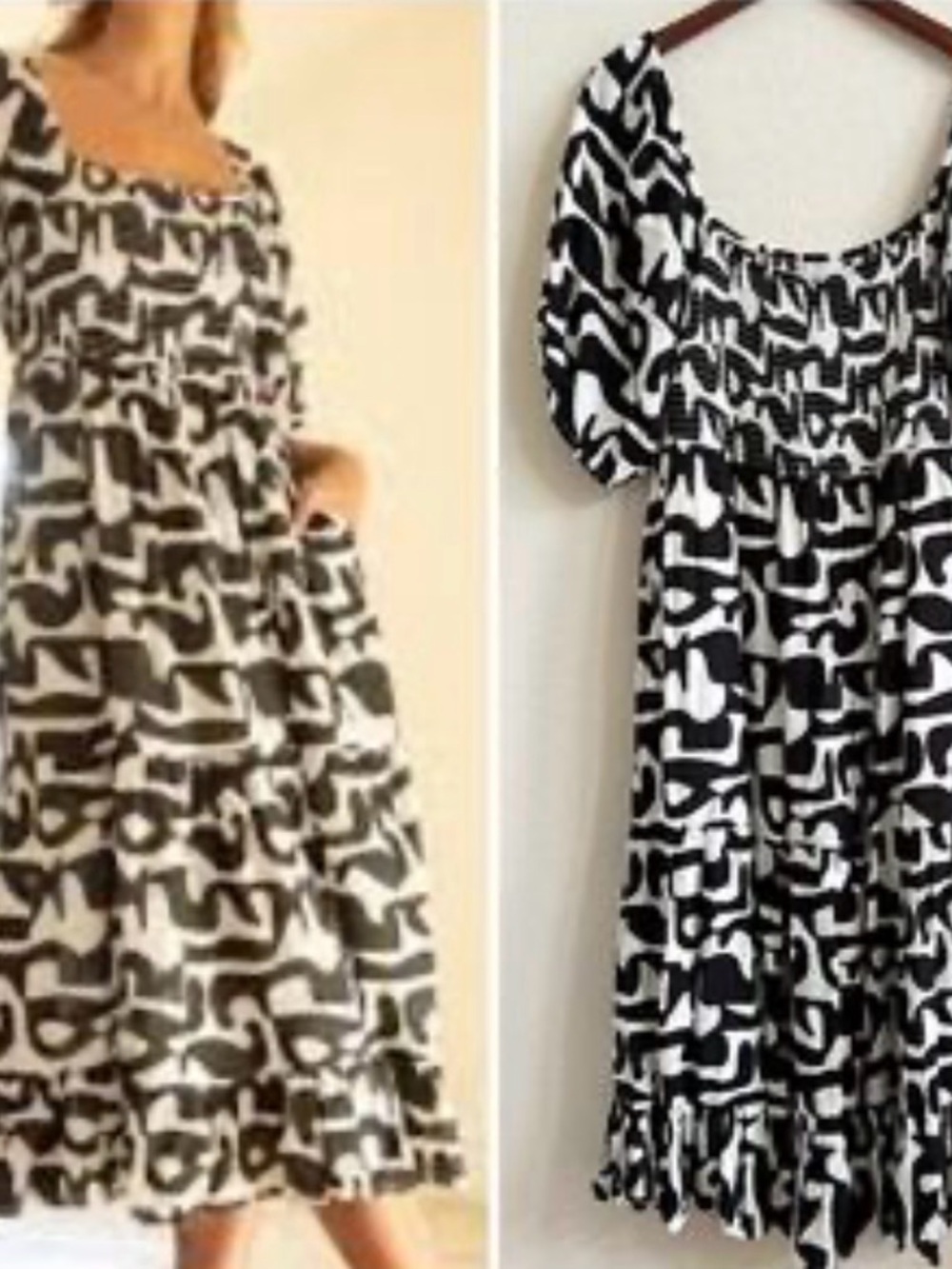 THML black &‎ white geometric smocked midi dress size medium